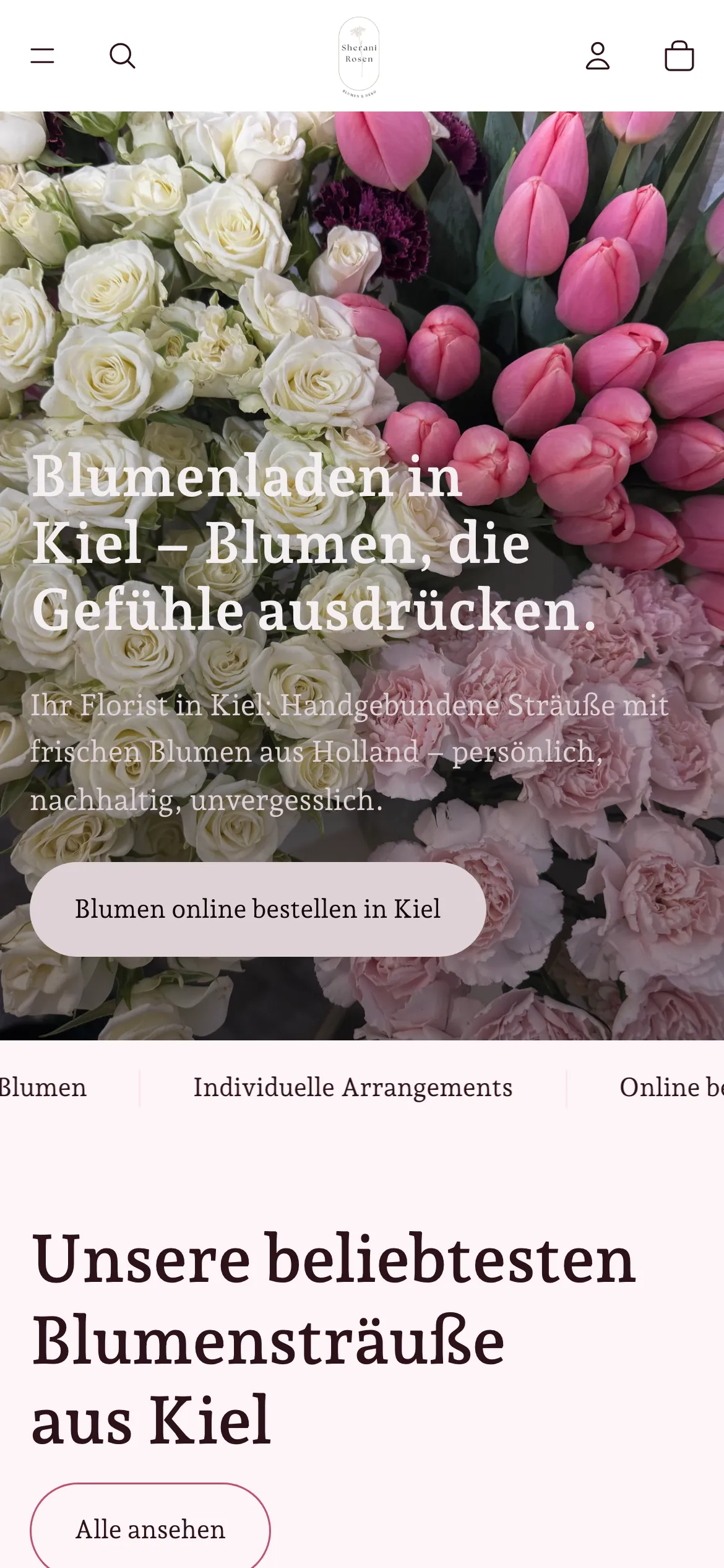 Desktop-Ansicht der Startseite von sheranirosen.de – mobile Ansicht