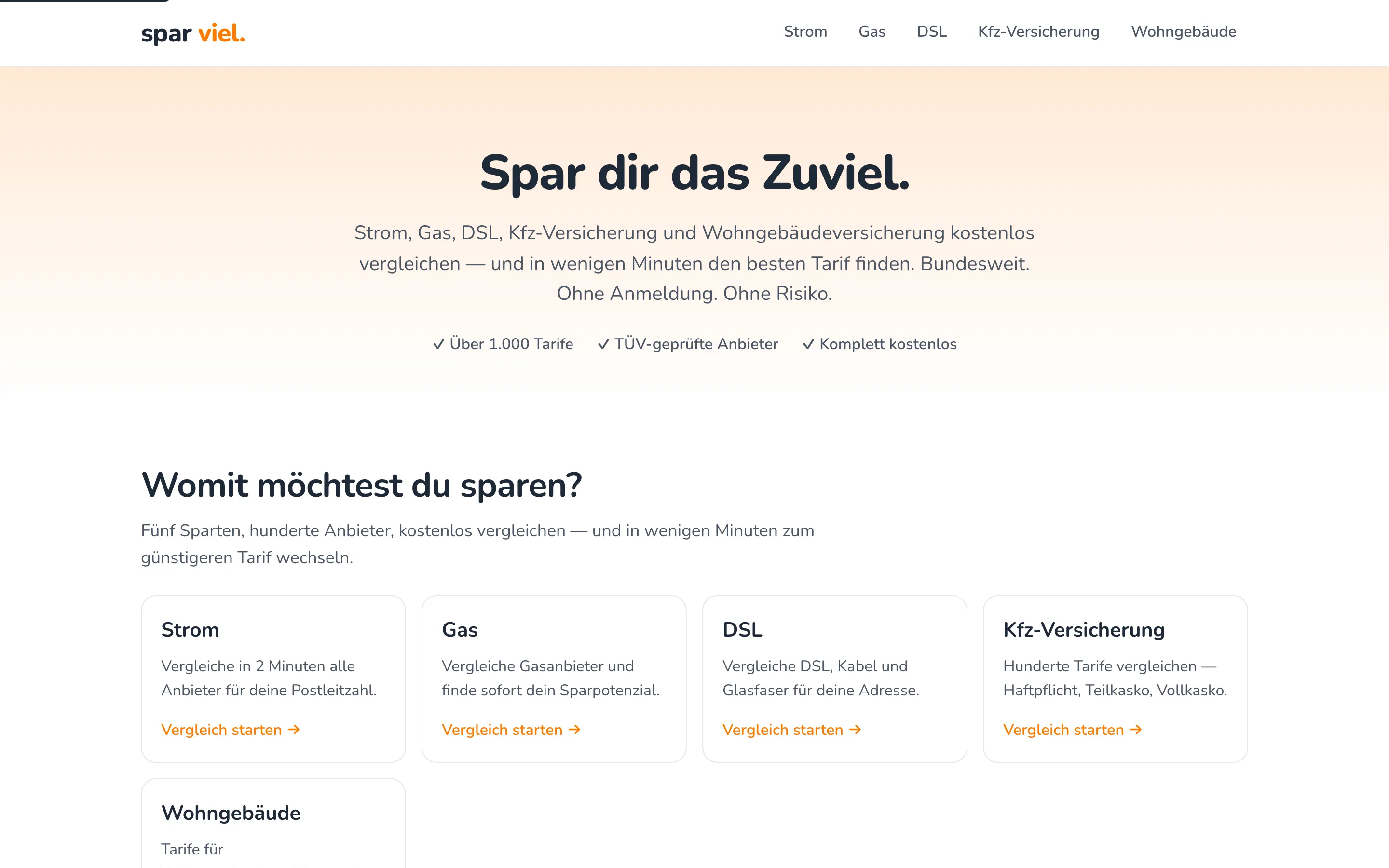 Desktop-Ansicht der Startseite von spar-viel.de