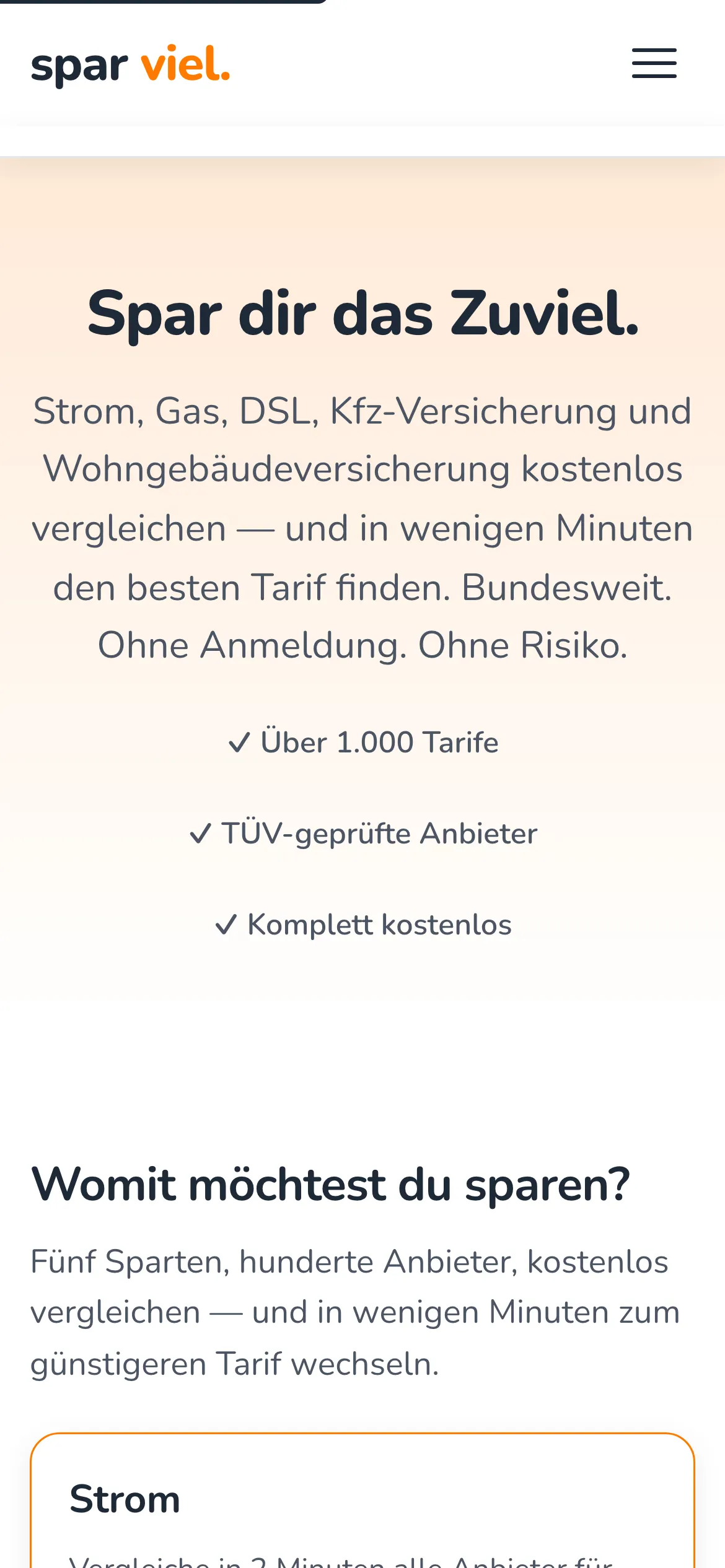 Desktop-Ansicht der Startseite von spar-viel.de – mobile Ansicht